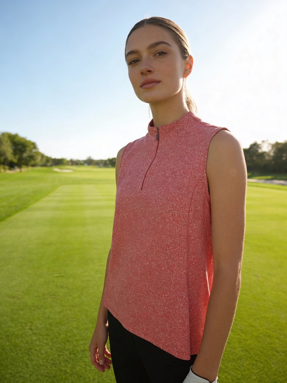 Greg Norman Coral Heathered Sleeveless Zip Golf Tank